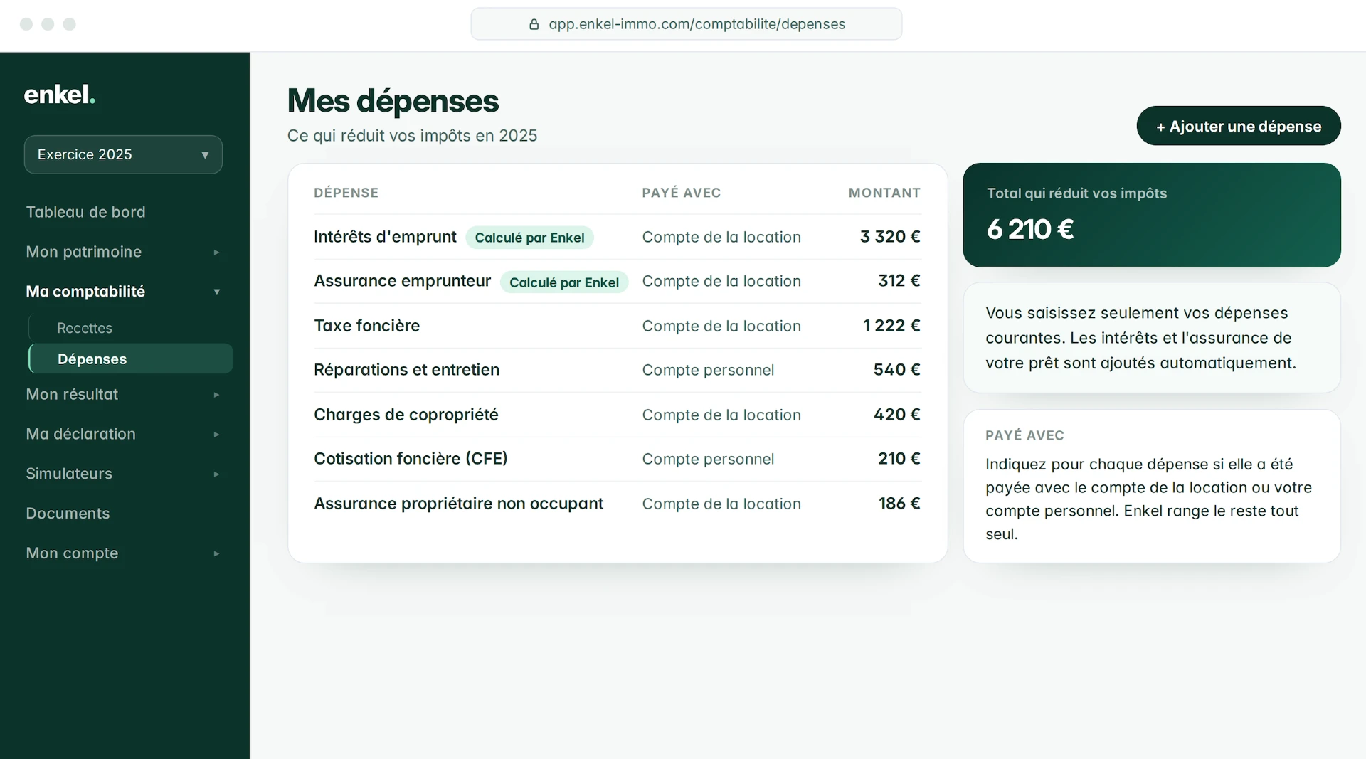 Mes dépenses dans Enkel Immo